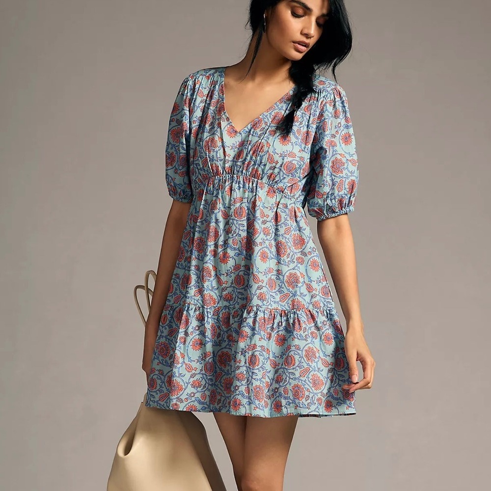 Sundry x Evereve All Day Viola Blue Floral Tiered Puff Sleeve Mini Dress SZ 3/L